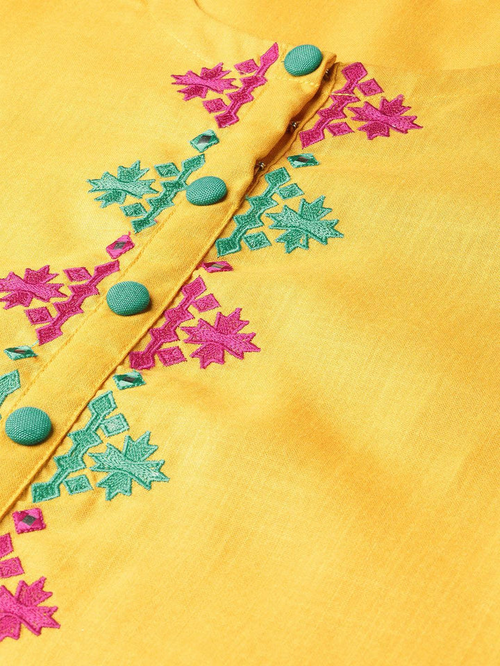 Yellow Embroidered Cotton Kurta