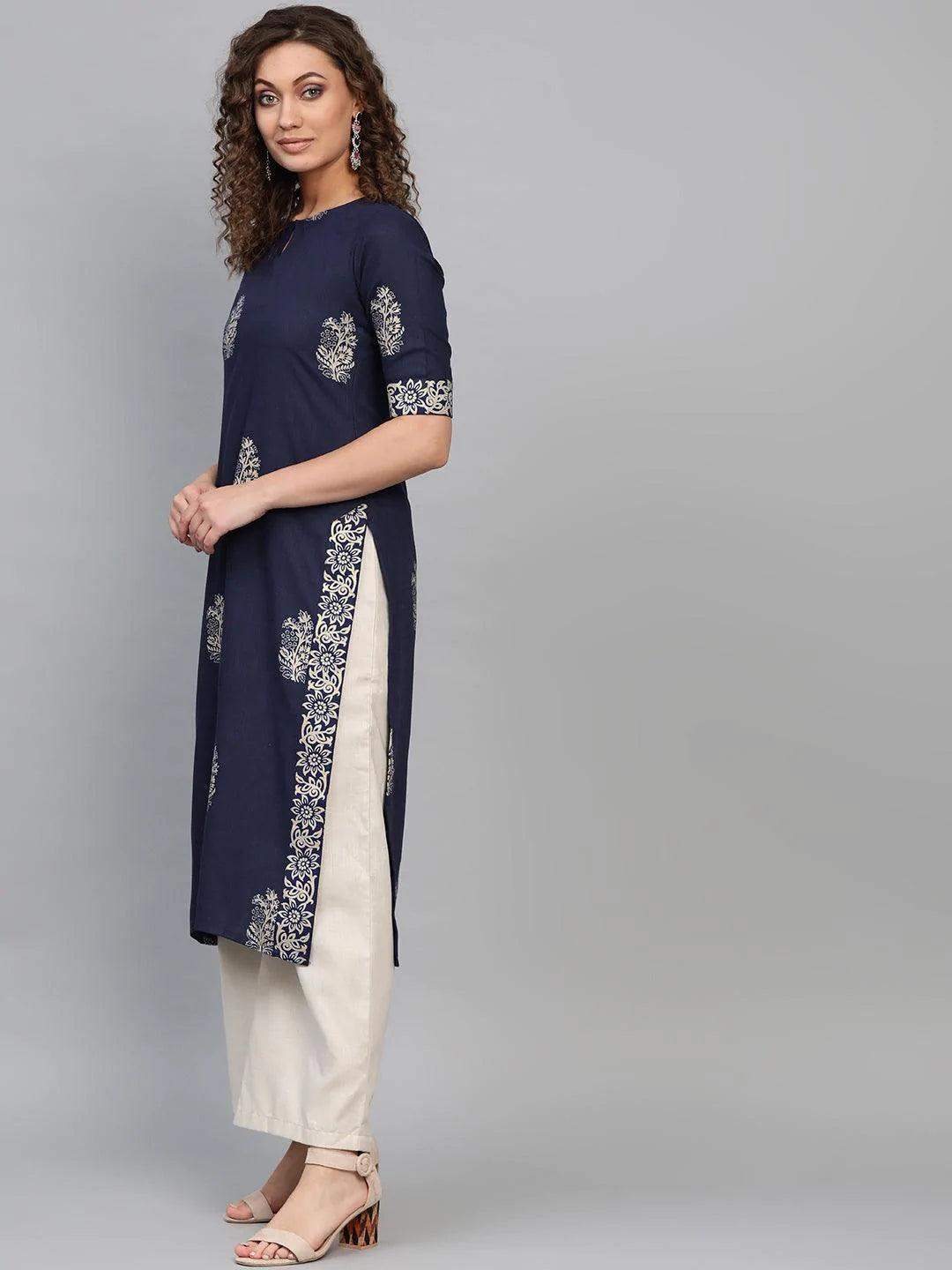 Blue Printed Cotton Kurta - ShopLibas