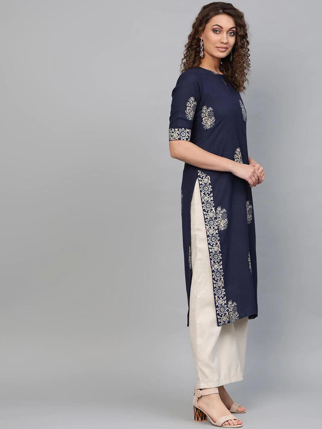 Blue Printed Cotton Kurta - ShopLibas