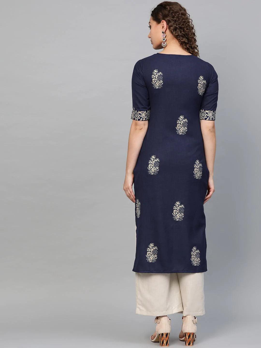 Blue Printed Cotton Kurta - ShopLibas
