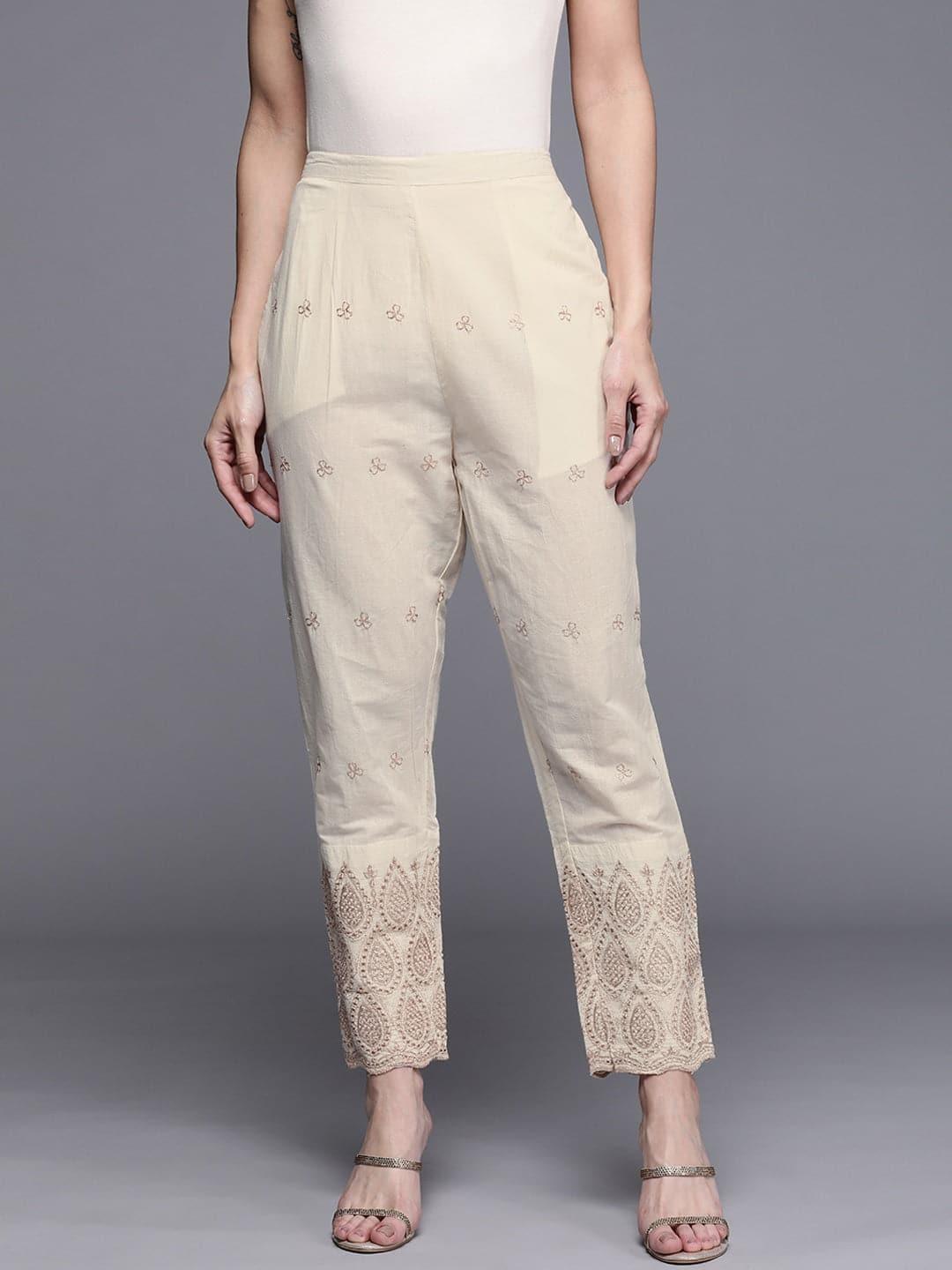 Beige Self Design Cotton Trousers - ShopLibas