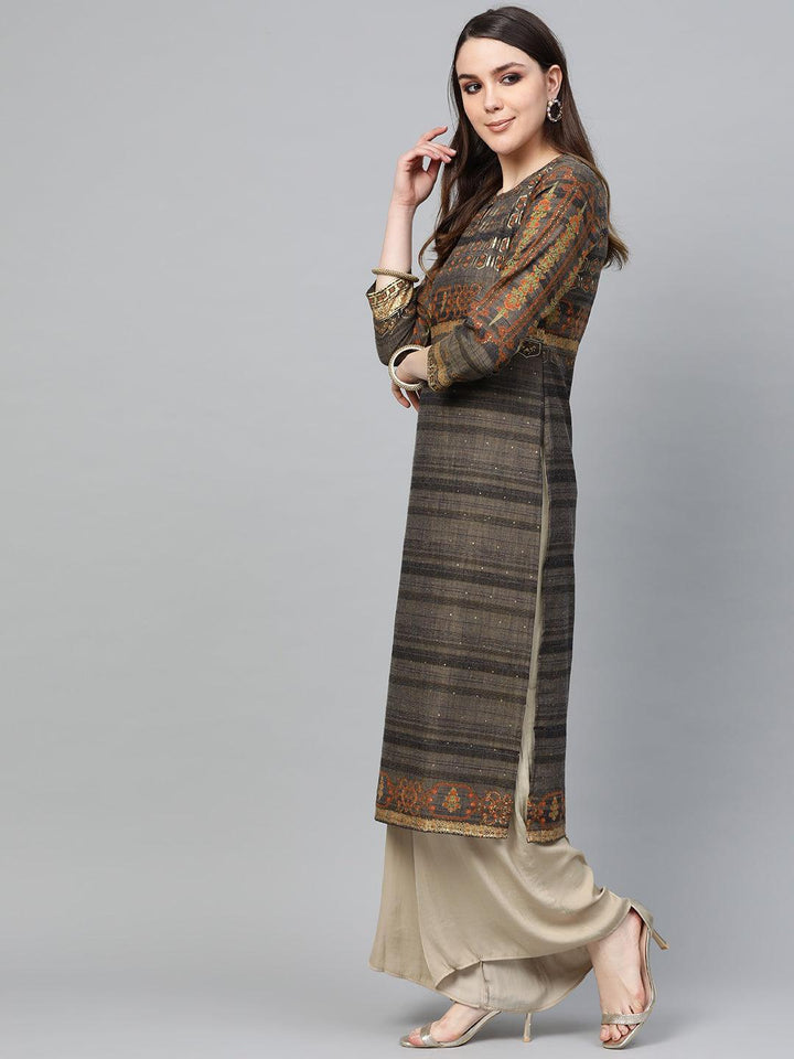 Grey Printed Cotton Kurta