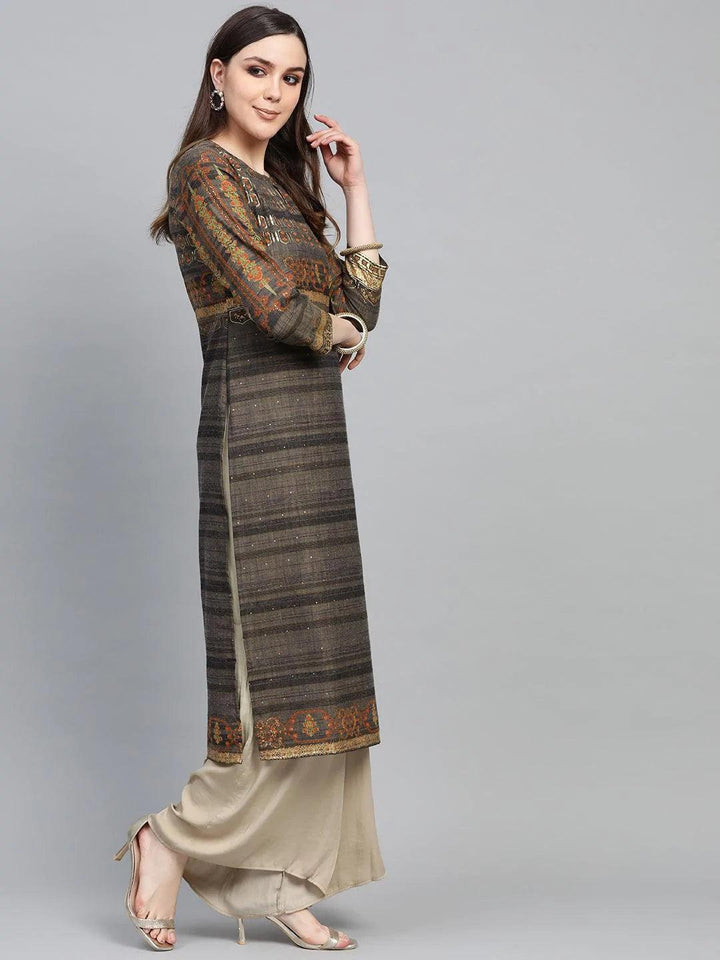 Grey Printed Cotton Kurta