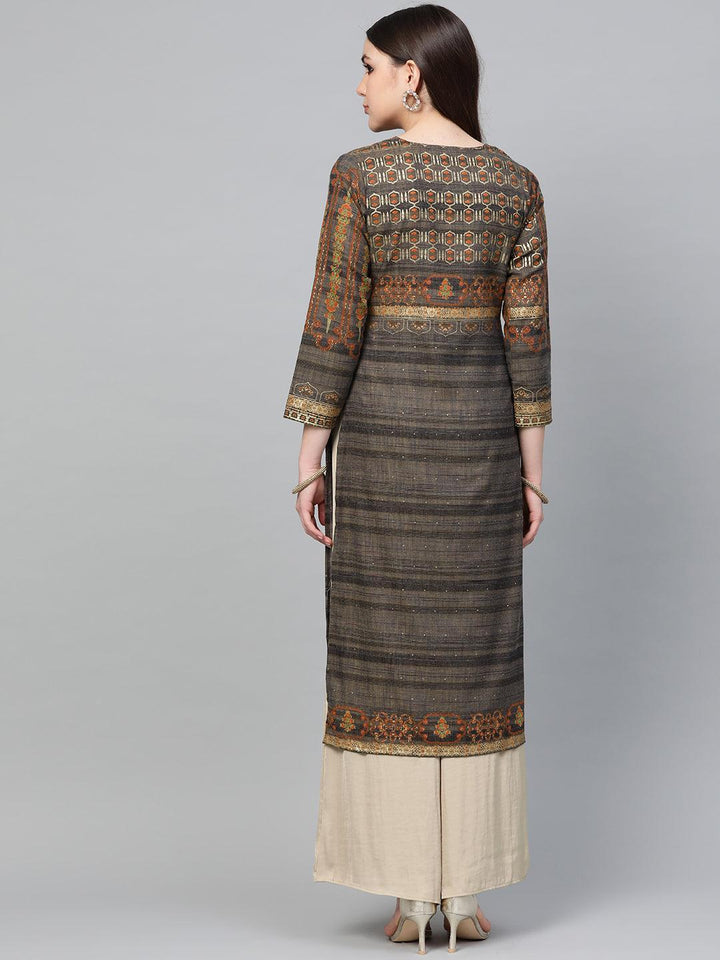 Grey Printed Cotton Kurta