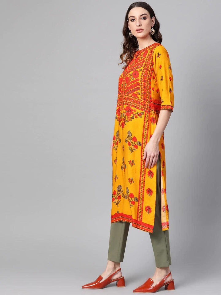 Yellow Printed Rayon Kurta