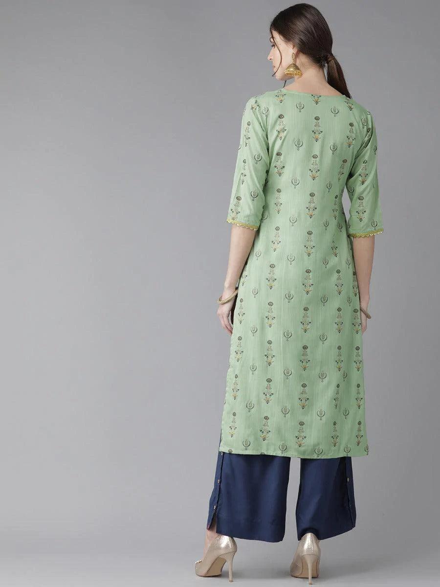 Green Printed Rayon Kurta - ShopLibas