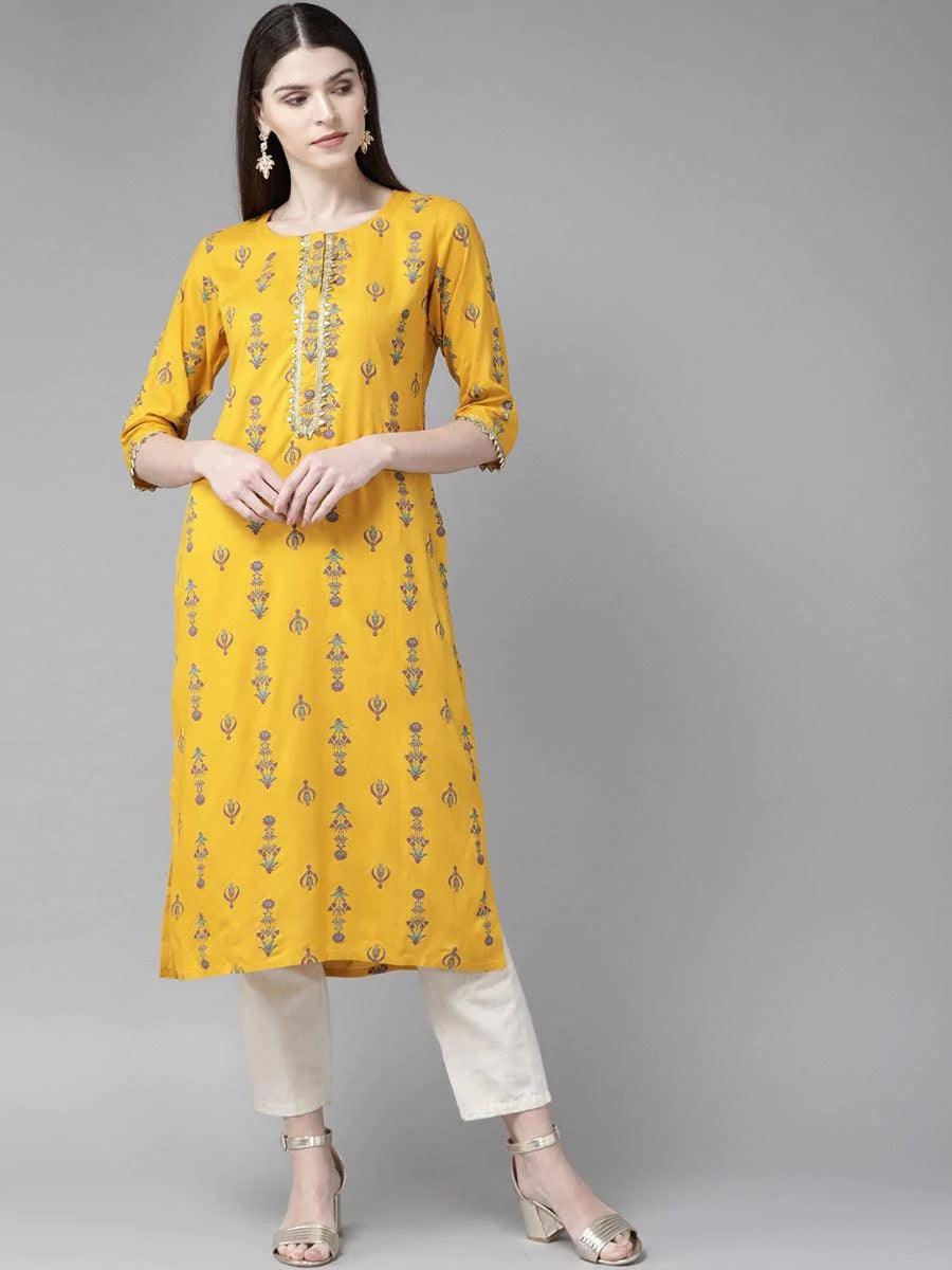 Mustard Printed Rayon Kurta - ShopLibas
