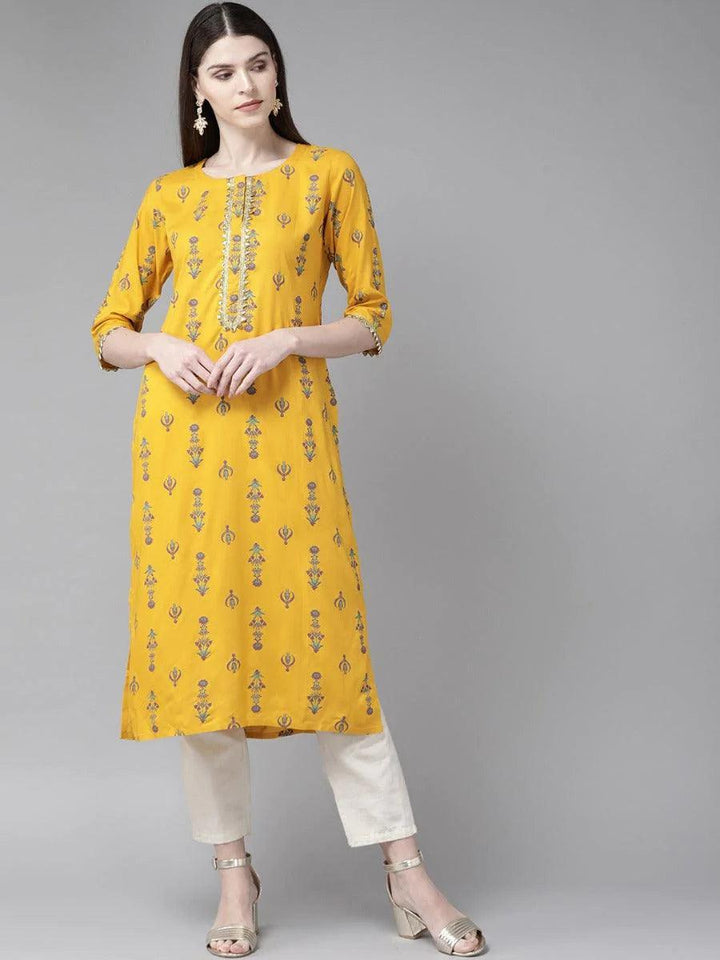Mustard Printed Rayon Kurta