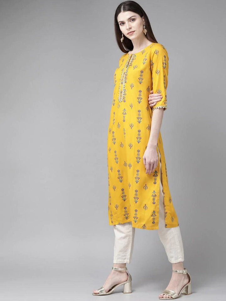 Mustard Printed Rayon Kurta
