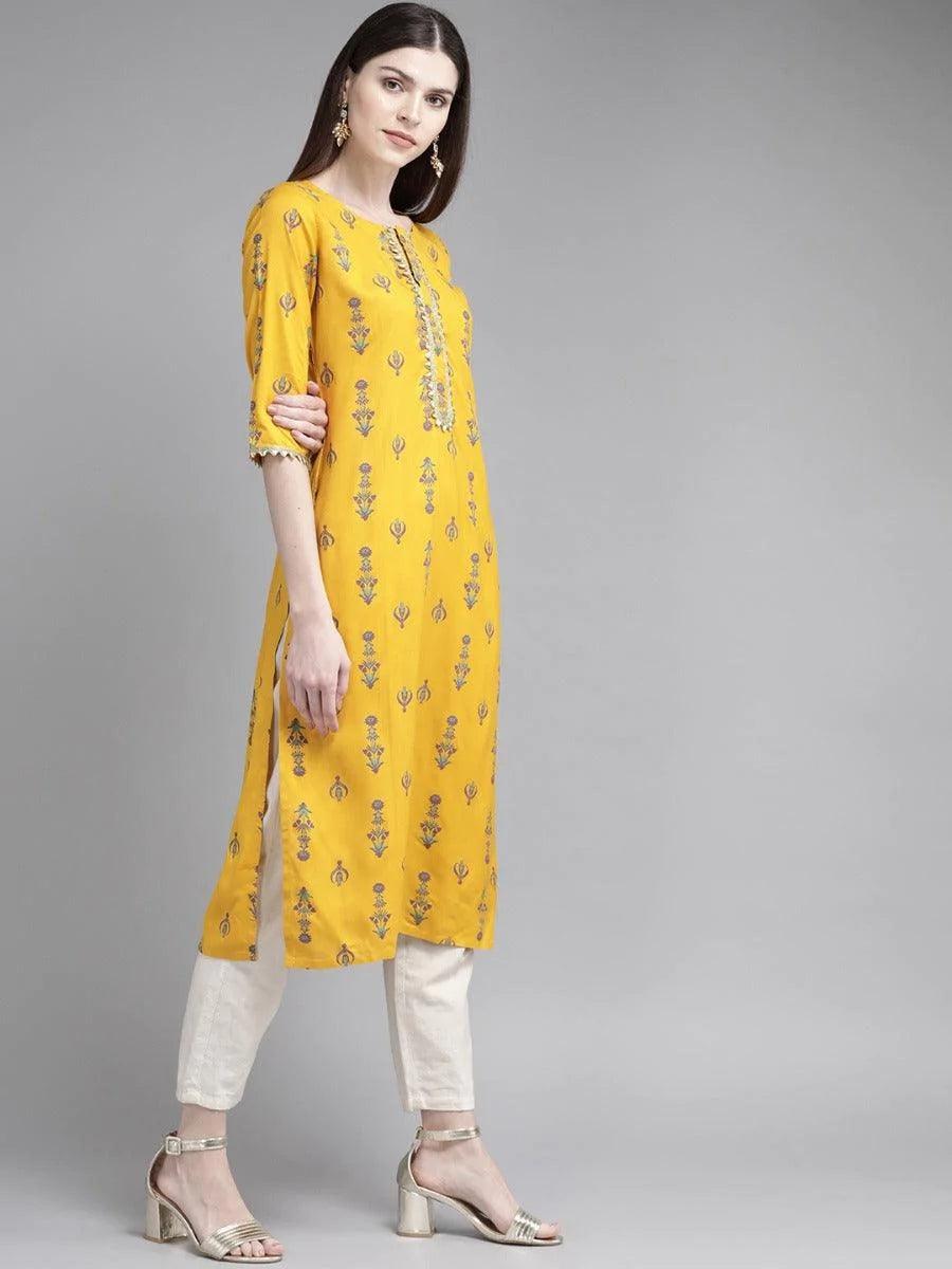 Mustard Printed Rayon Kurta - ShopLibas