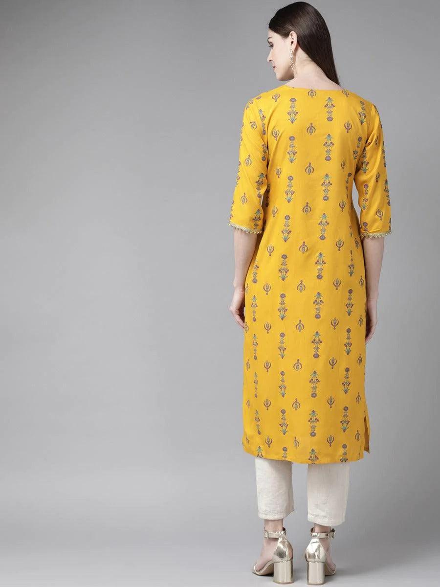 Mustard Printed Rayon Kurta - ShopLibas