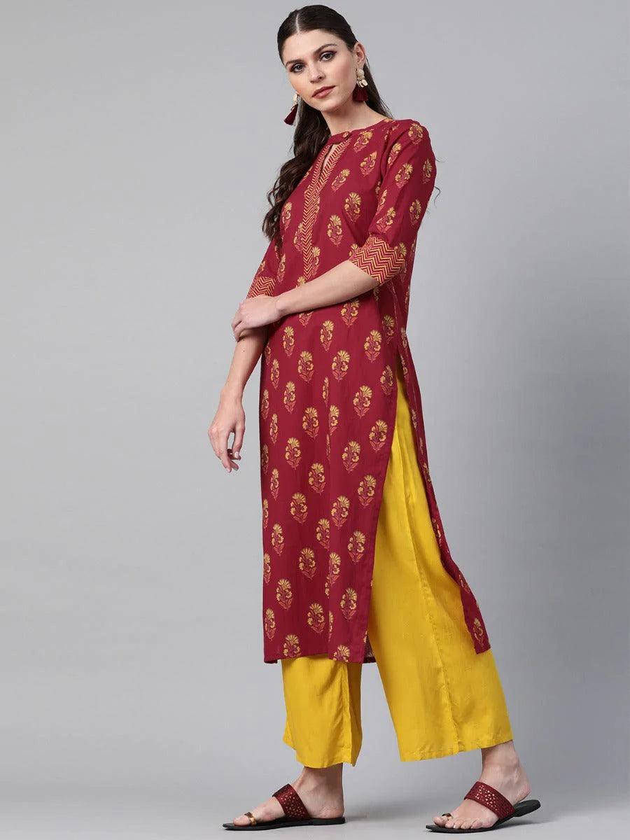 Maroon Printed Cotton Kurta - ShopLibas
