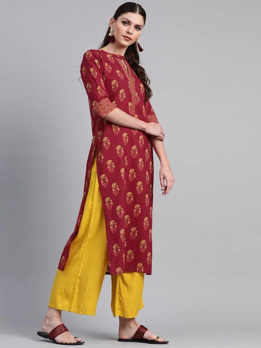 Maroon Printed Cotton Kurta - ShopLibas