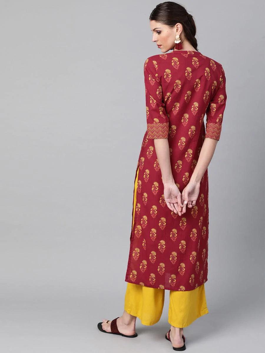 Maroon Printed Cotton Kurta - ShopLibas