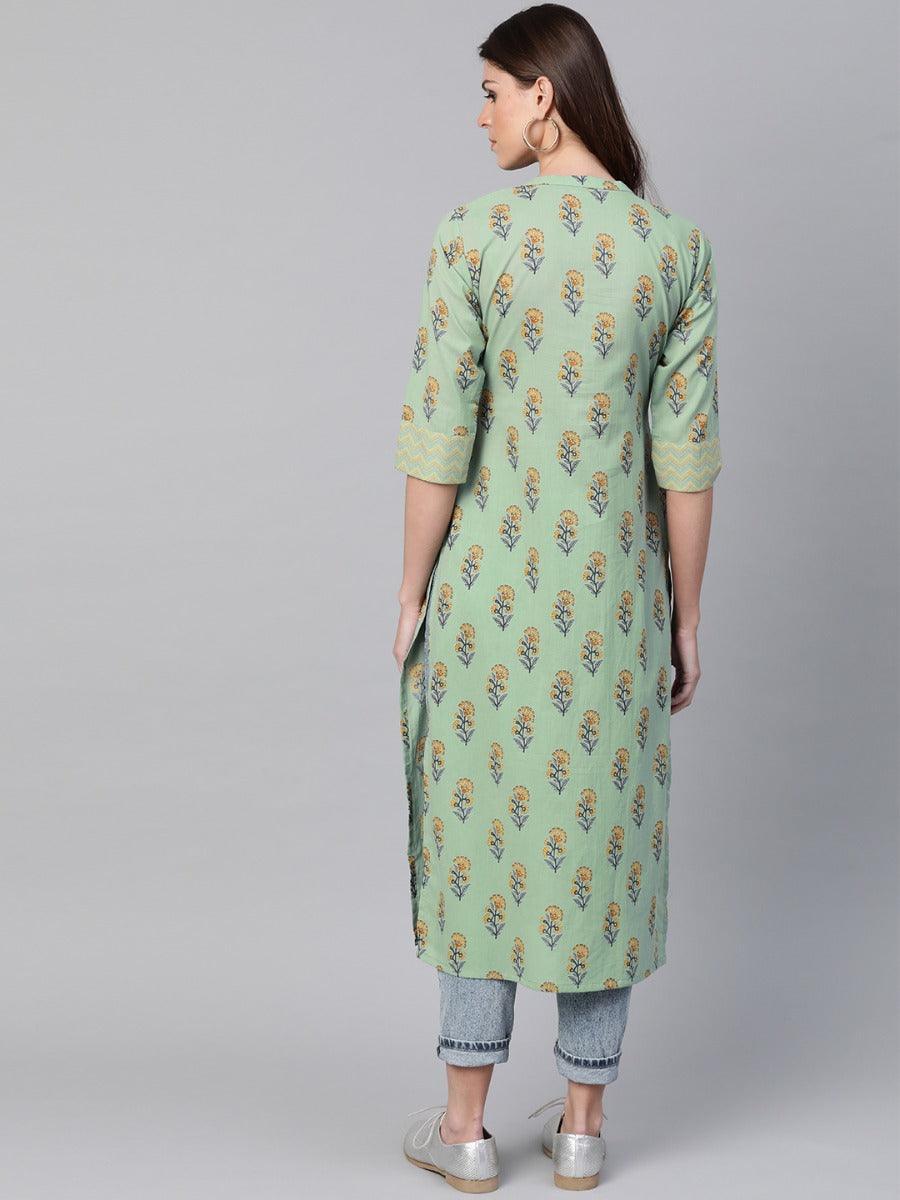Green Printed Cotton Kurta - ShopLibas