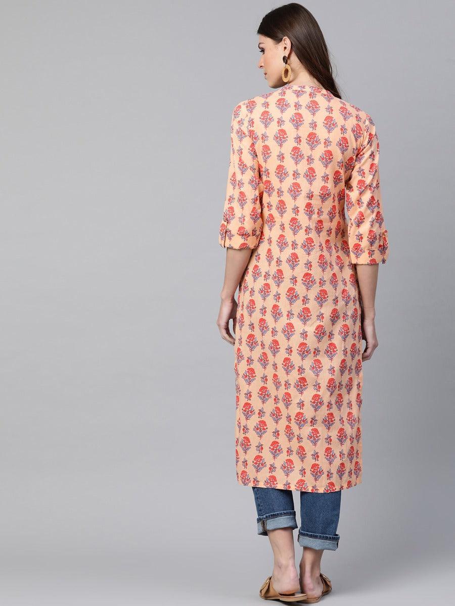 Peach Printed Cotton Kurta - ShopLibas