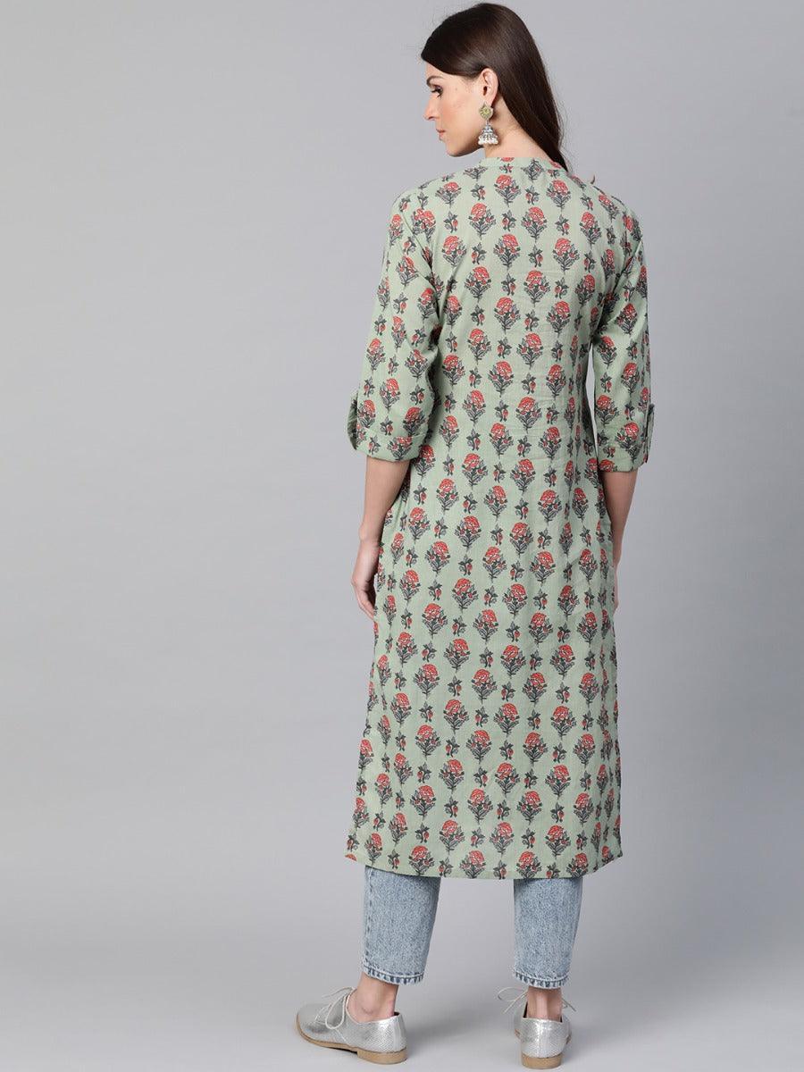 Green Printed Cotton Kurta - ShopLibas