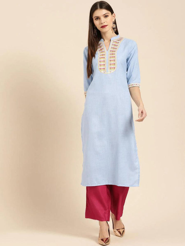 Blue Embroidered Linen Kurta