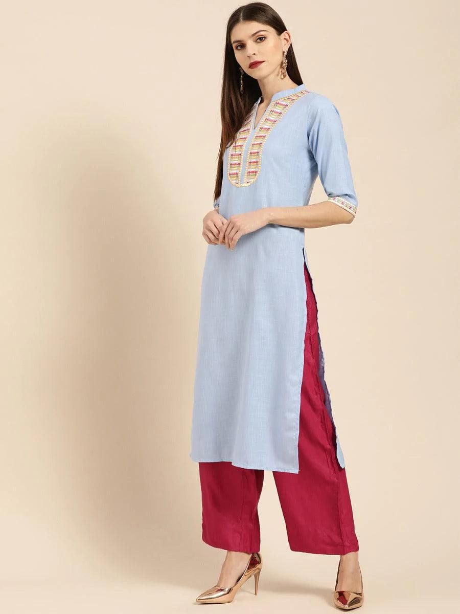 Blue Embroidered Linen Kurta - ShopLibas