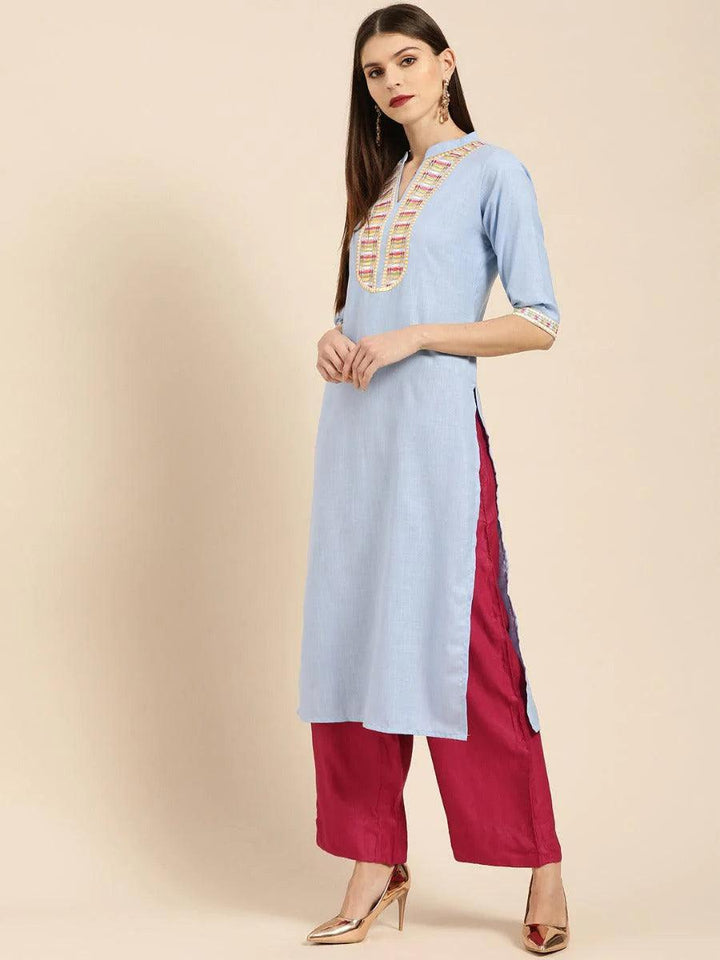 Blue Embroidered Linen Kurta