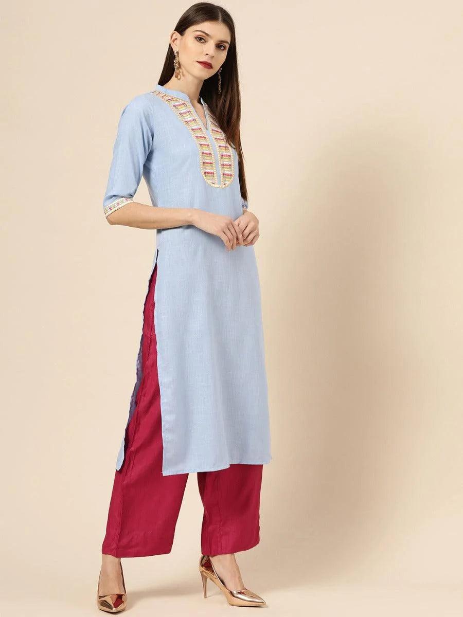 Blue Embroidered Linen Kurta - ShopLibas