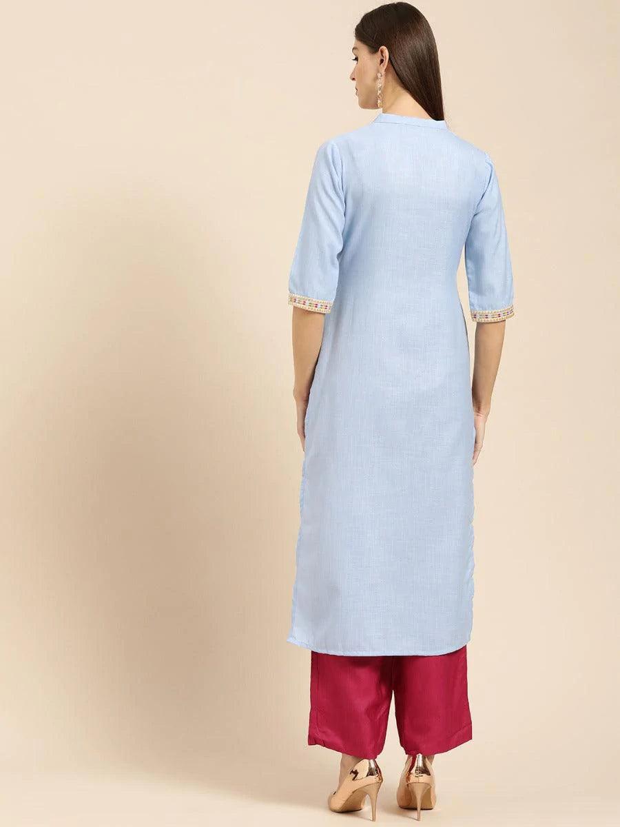 Blue Embroidered Linen Kurta - ShopLibas