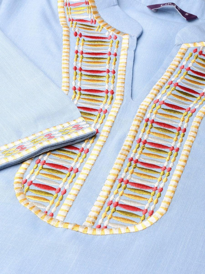 Blue Embroidered Linen Kurta