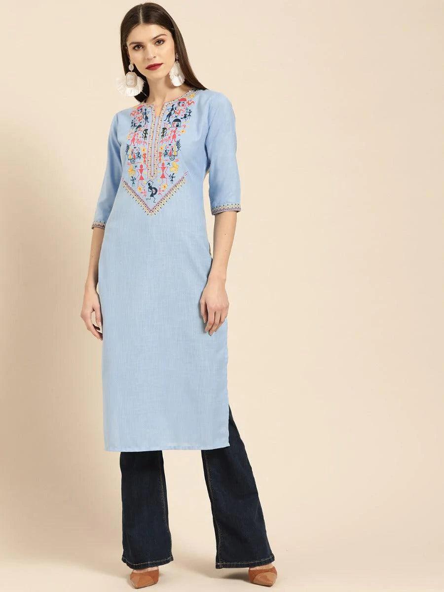 Blue Embroidered Linen Kurta - ShopLibas