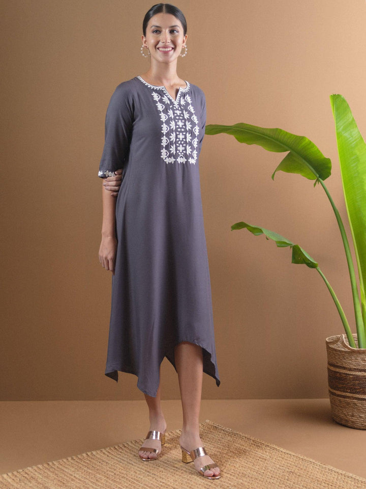 Grey Embroidered Rayon Dress