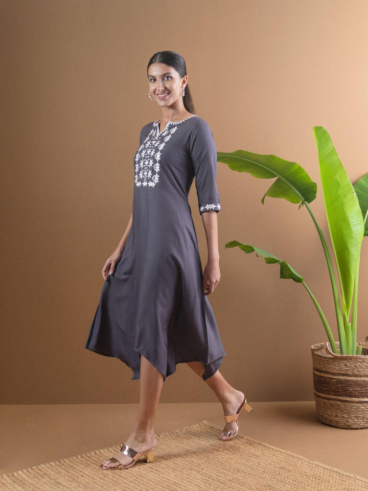 Grey Embroidered Rayon Dress