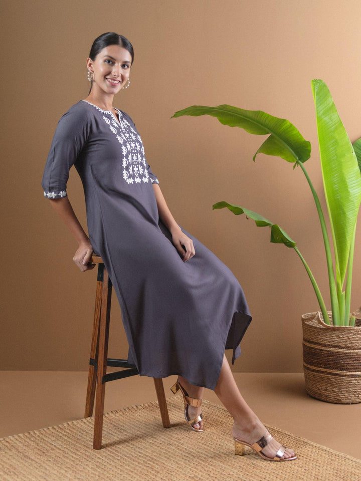Grey Embroidered Rayon Dress