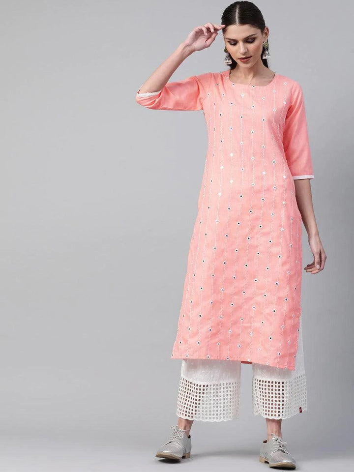 Peach Mirror Work Cotton Kurta