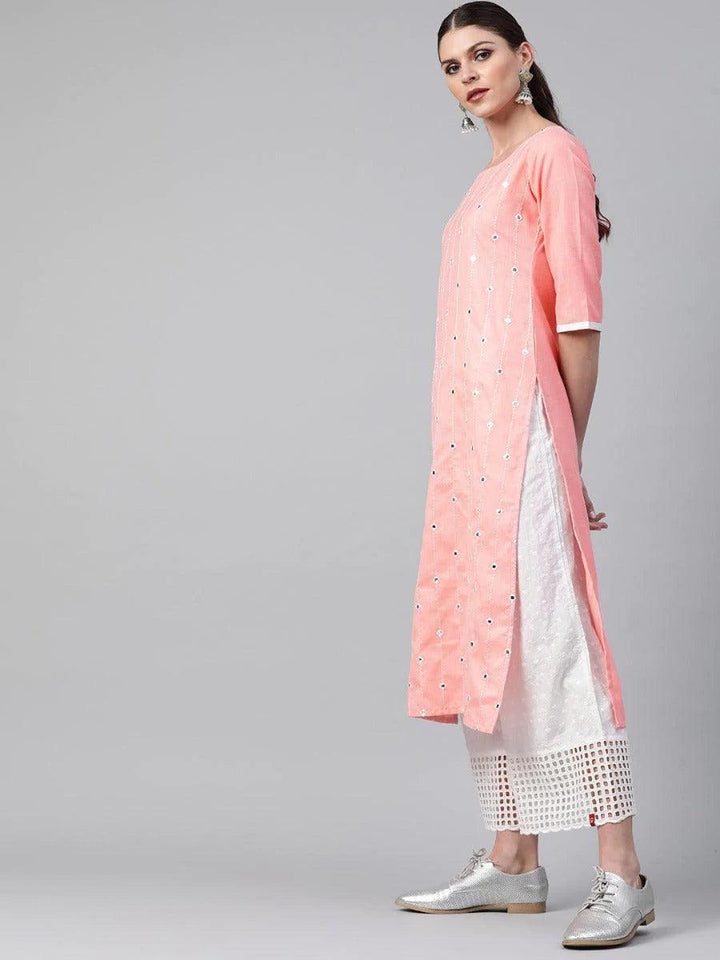 Peach Mirror Work Cotton Kurta
