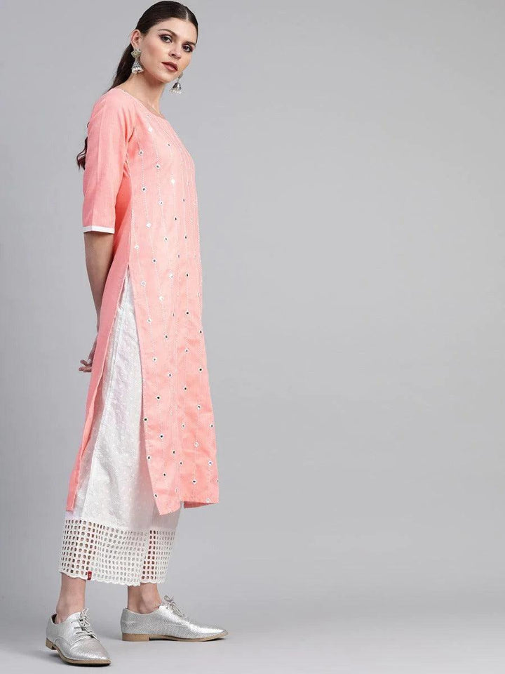 Peach Mirror Work Cotton Kurta