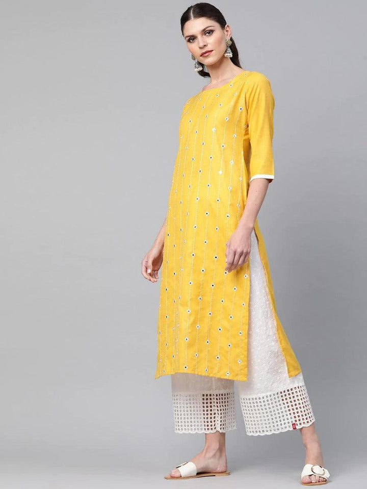 Pastel Yellow Mirror Work Cotton Kurta