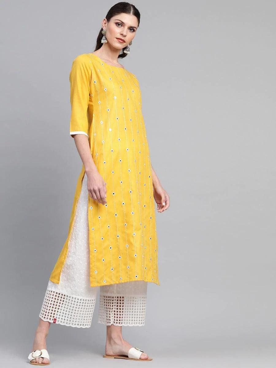 Pastel Yellow Mirror Work Cotton Kurta - ShopLibas