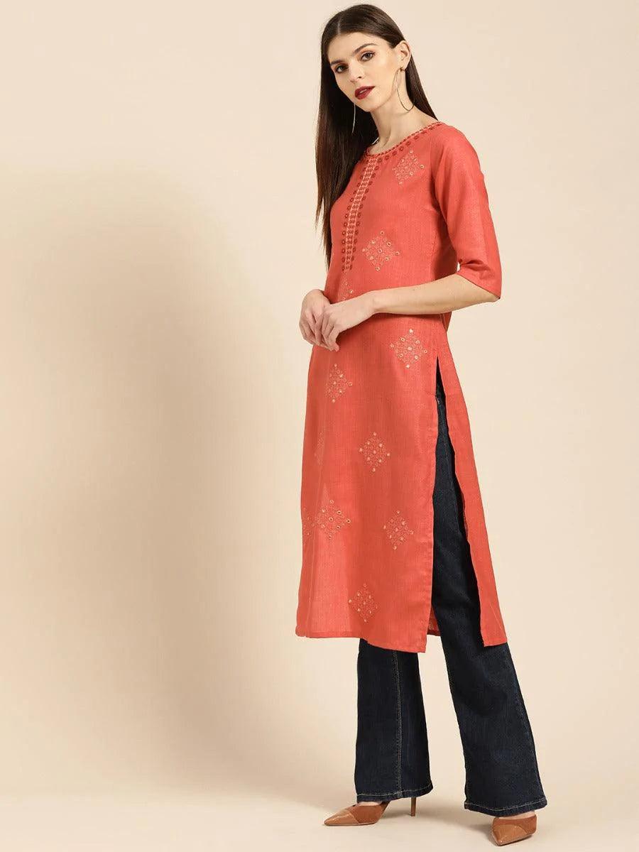 Rust Embroidered Linen Kurta - ShopLibas