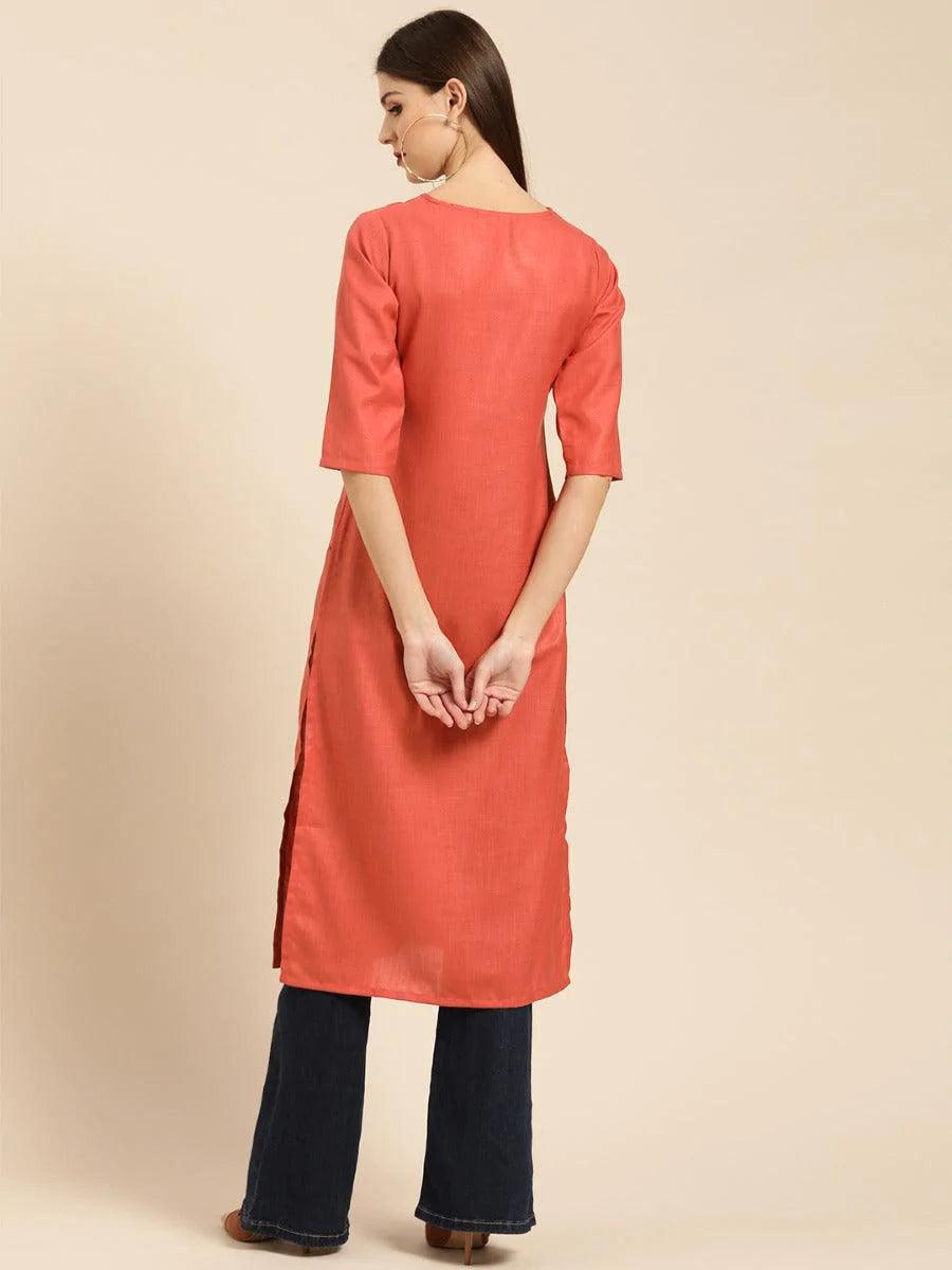 Rust Embroidered Linen Kurta - ShopLibas