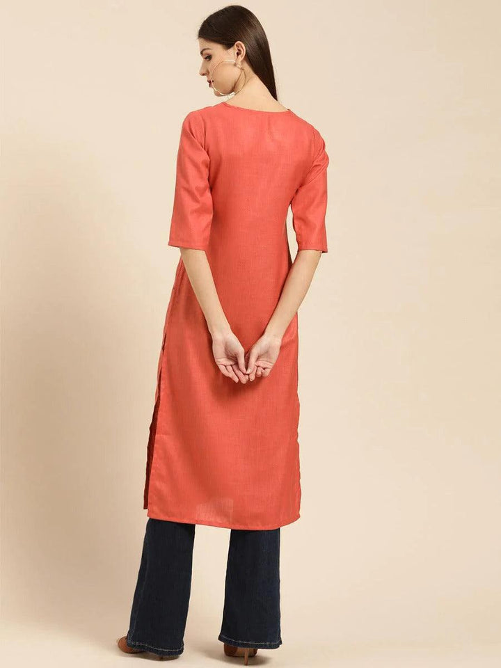 Rust Embroidered Linen Kurta