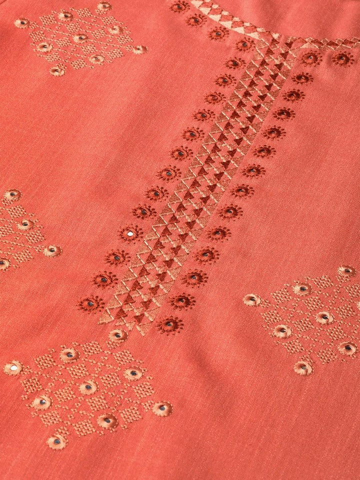 Rust Embroidered Linen Kurta
