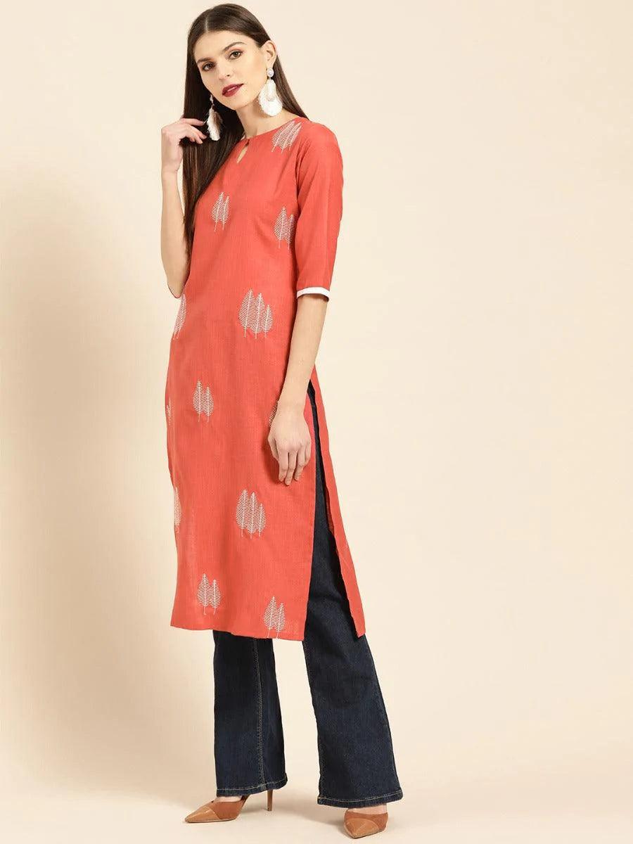 Rust Embroidered Linen Kurta - ShopLibas