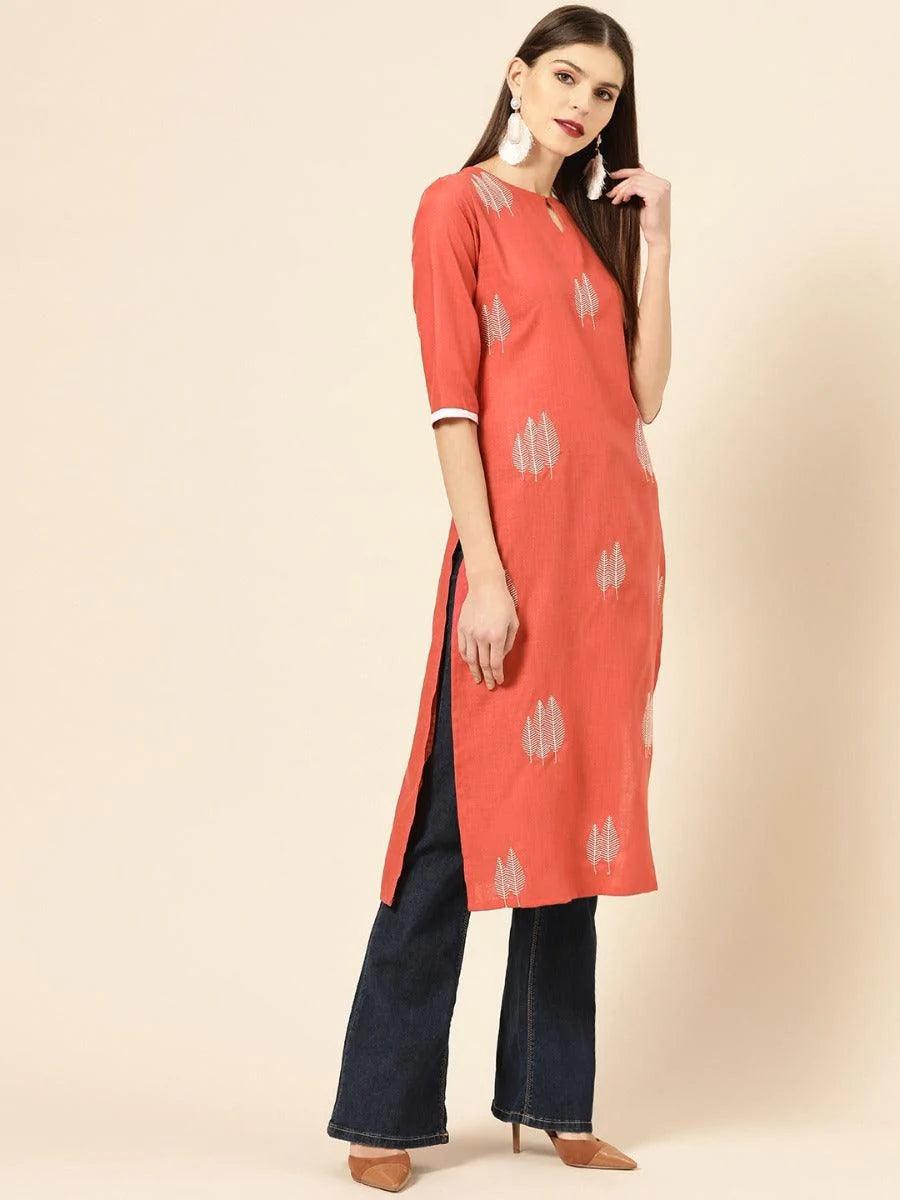 Rust Embroidered Linen Kurta - ShopLibas