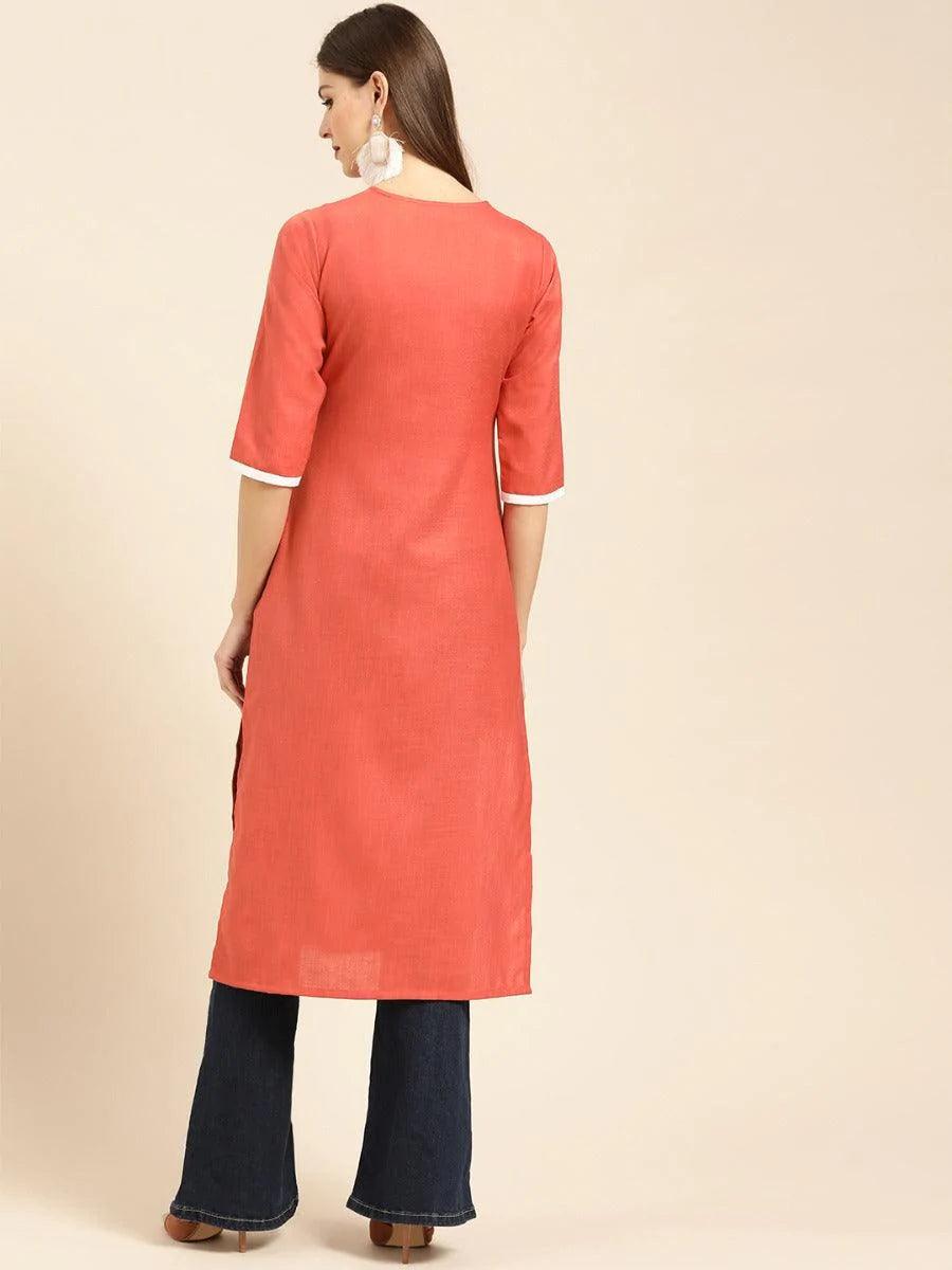 Rust Embroidered Linen Kurta - ShopLibas