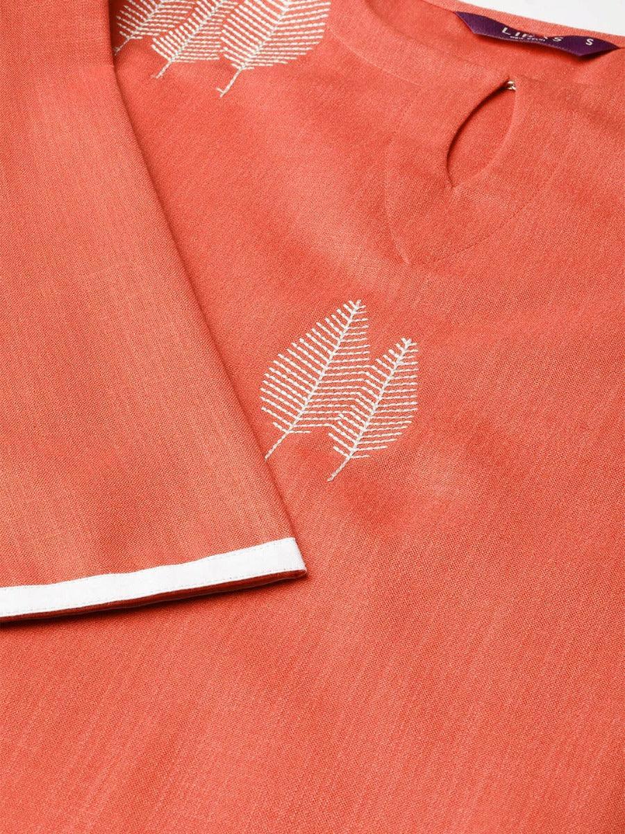 Rust Embroidered Linen Kurta - ShopLibas