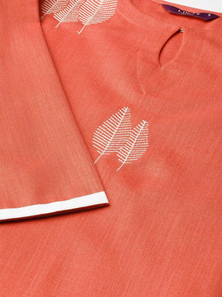 Rust Embroidered Linen Kurta