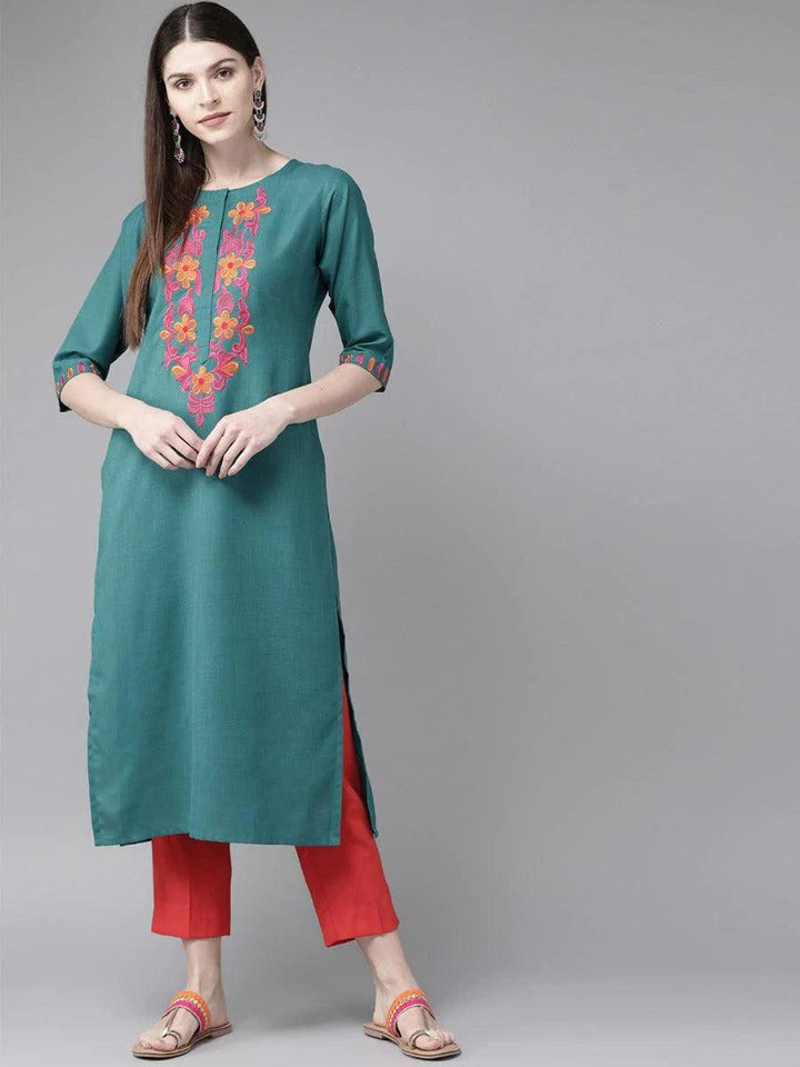 Teal Green Yoke Design Cotton Kurta