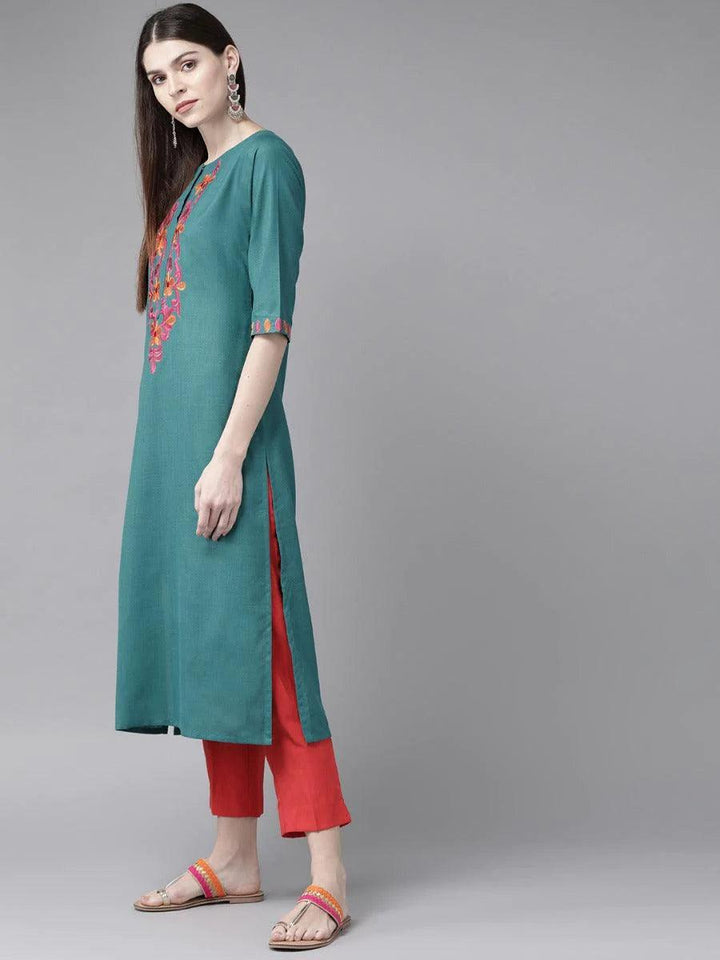 Teal Green Yoke Design Cotton Kurta
