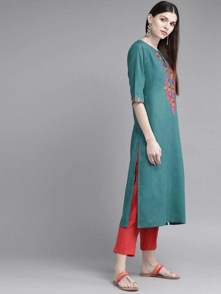 Teal Green Yoke Design Cotton Kurta
