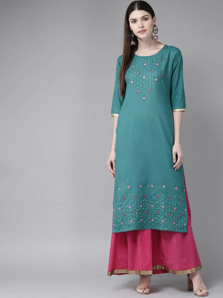 Teal Green Mirror Work Cotton Kurta