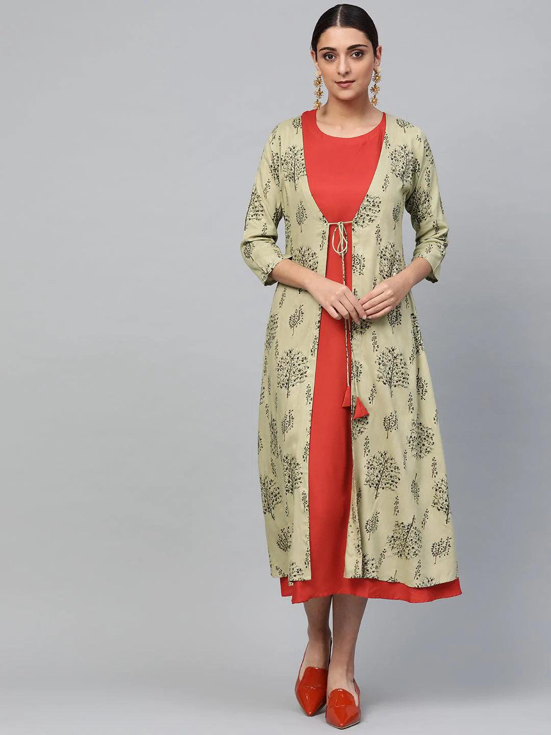 Red Solid Rayon Dress With Shrug - ShopLibas